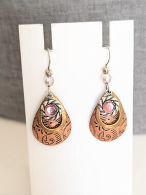 Bohemian Style Layered Floral Embossed Copper Beaded Festival Hippie Earrings